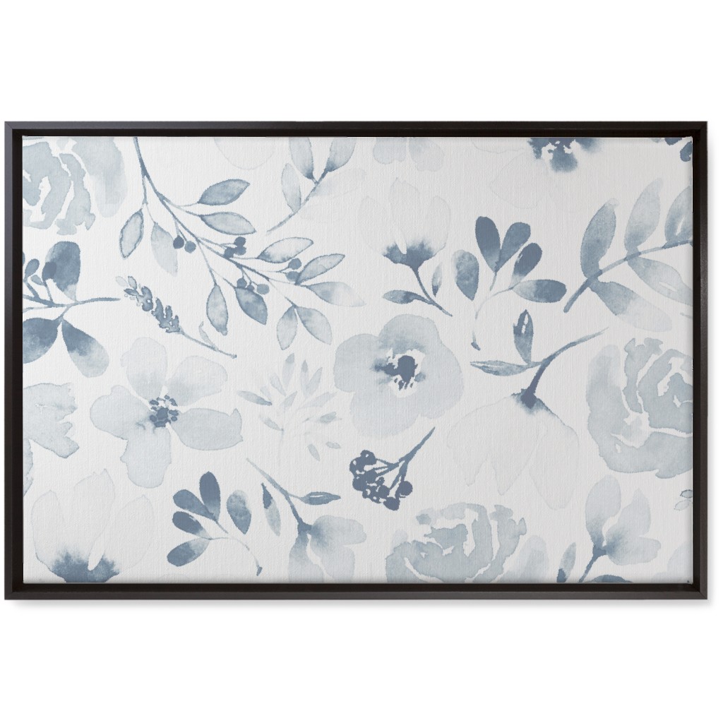 Faded Floral Watercolor - Light Blue Wall Art, Black, Single piece, Canvas, 20x30, Blue