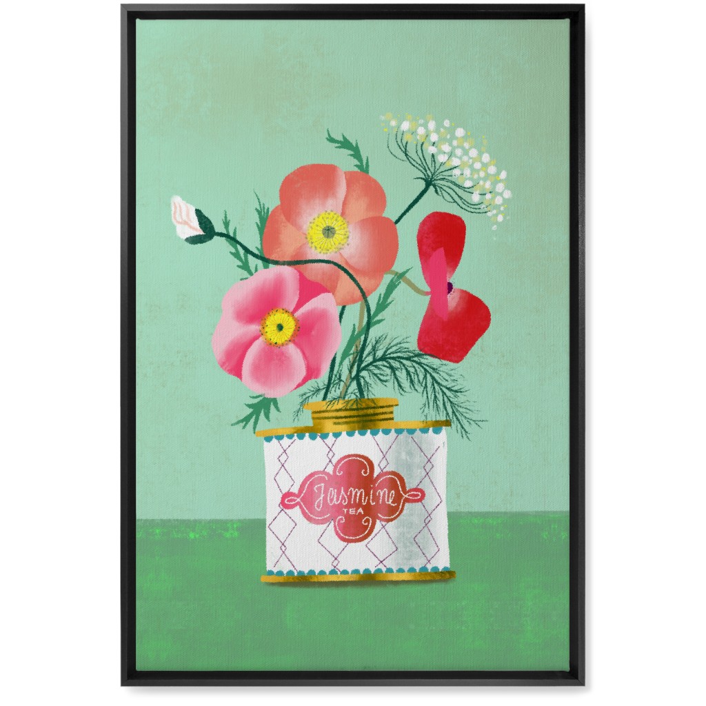 Poppies in Jasmine Tea Tin Wall Art, Black, Single piece, Canvas, 20x30, Green, Classic Green