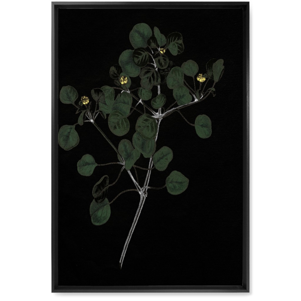 Midnight Botanical Sprig With Leaves - Black and Green Wall Art, Black, Single piece, Canvas, 20x30, Black