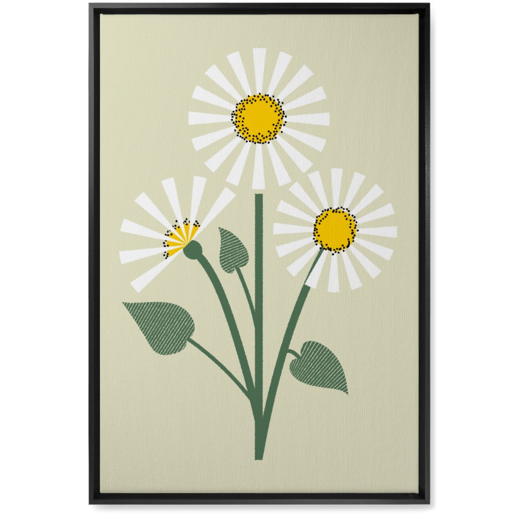 Abstract Daisy Flower - White on Beige Wall Art, Black, Single piece, Canvas, 20x30, Green