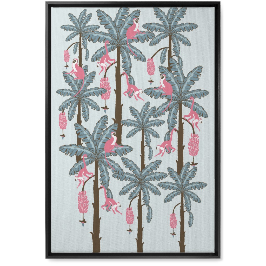 Monkey and Banana Trees - Blue and Pink Wall Art, Black, Single piece, Canvas, 20x30, Blue