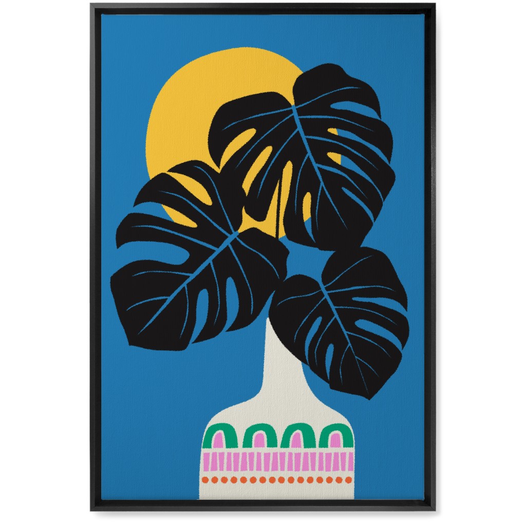 Monstera Leaves in a Vase - Blue Wall Art, Black, Single piece, Canvas, 20x30, Blue