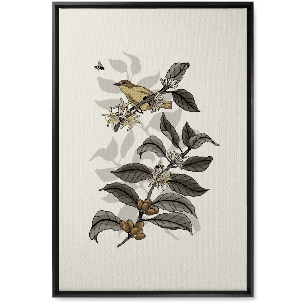 Coffee Plant, Bird, and Bee - Neutral Wall Art, Black, Single piece, Canvas, 20x30, Beige