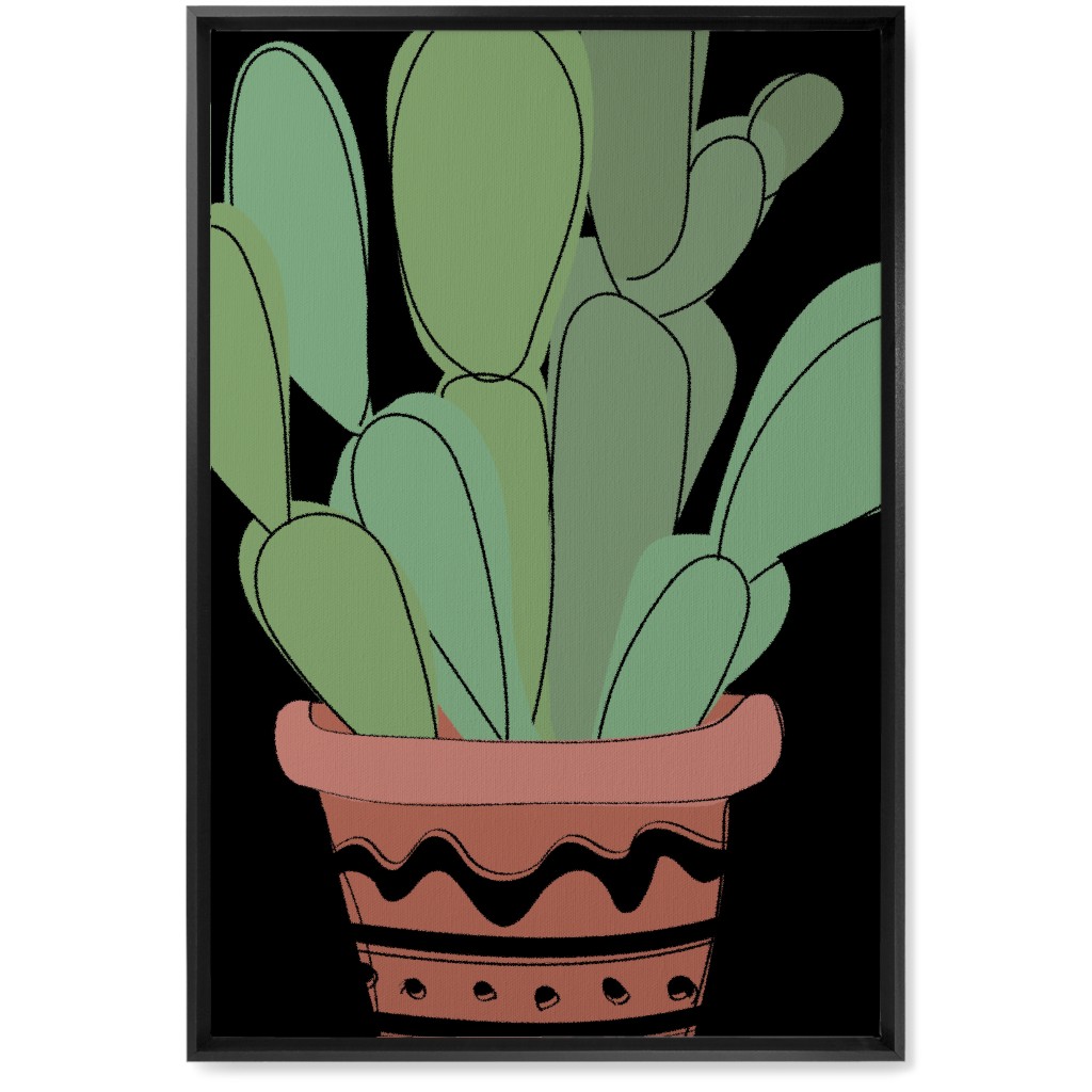 Potted Prickly Pear Cactus - Green and Black Wall Art, Black, Single piece, Canvas, 20x30, Green