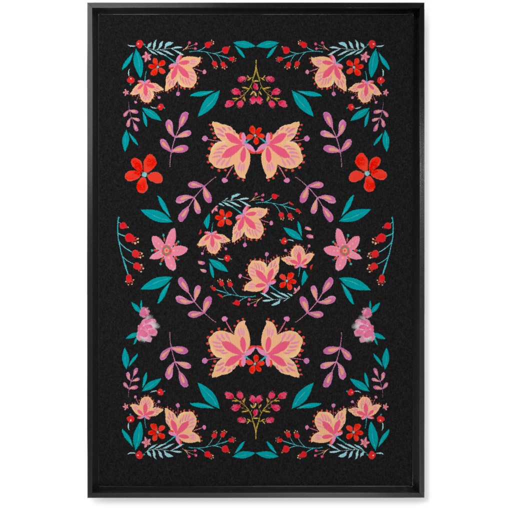 Pink Flora Folk Art on Black Wall Art, Black, Single piece, Canvas, 20x30, Multicolor