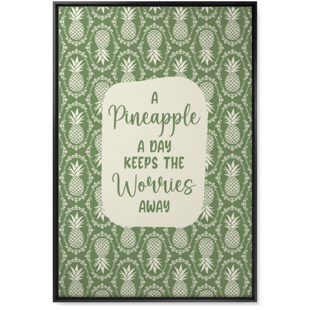 a Pineapple a Day Keeps the Worries Away Damask Wall Art, Black, Single piece, Canvas, 24x36, Green