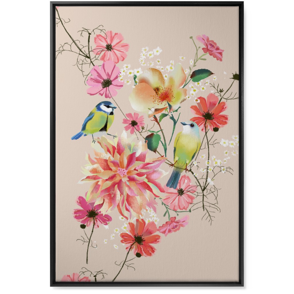Birds With Dahlias and Cosmea Wall Art, Black, Single piece, Canvas, 24x36, Pink