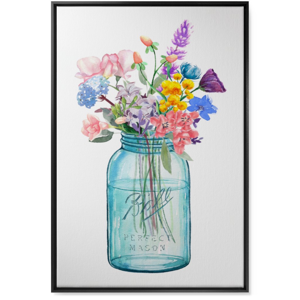 Watercolor Floral Mason Jar Bouquet Painting - Multi Wall Art, Black, Single piece, Canvas, 24x36, Multicolor