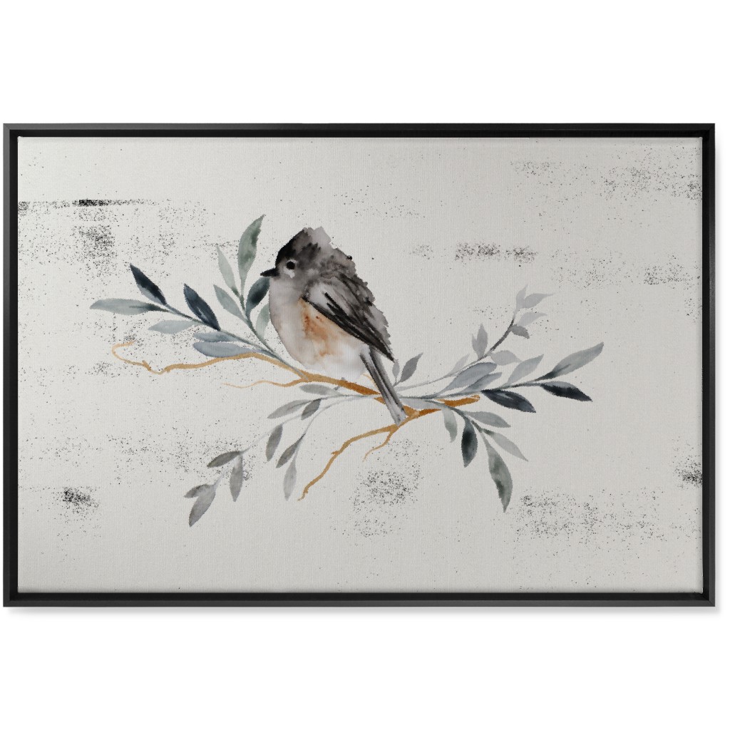 Winter Bird on Branch - Blue Wall Art, Black, Single piece, Canvas, 24x36, Gray