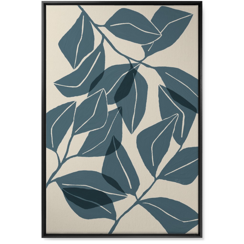 Botanical Ficus Leaves Wall Art, Black, Single piece, Canvas, 24x36, Blue