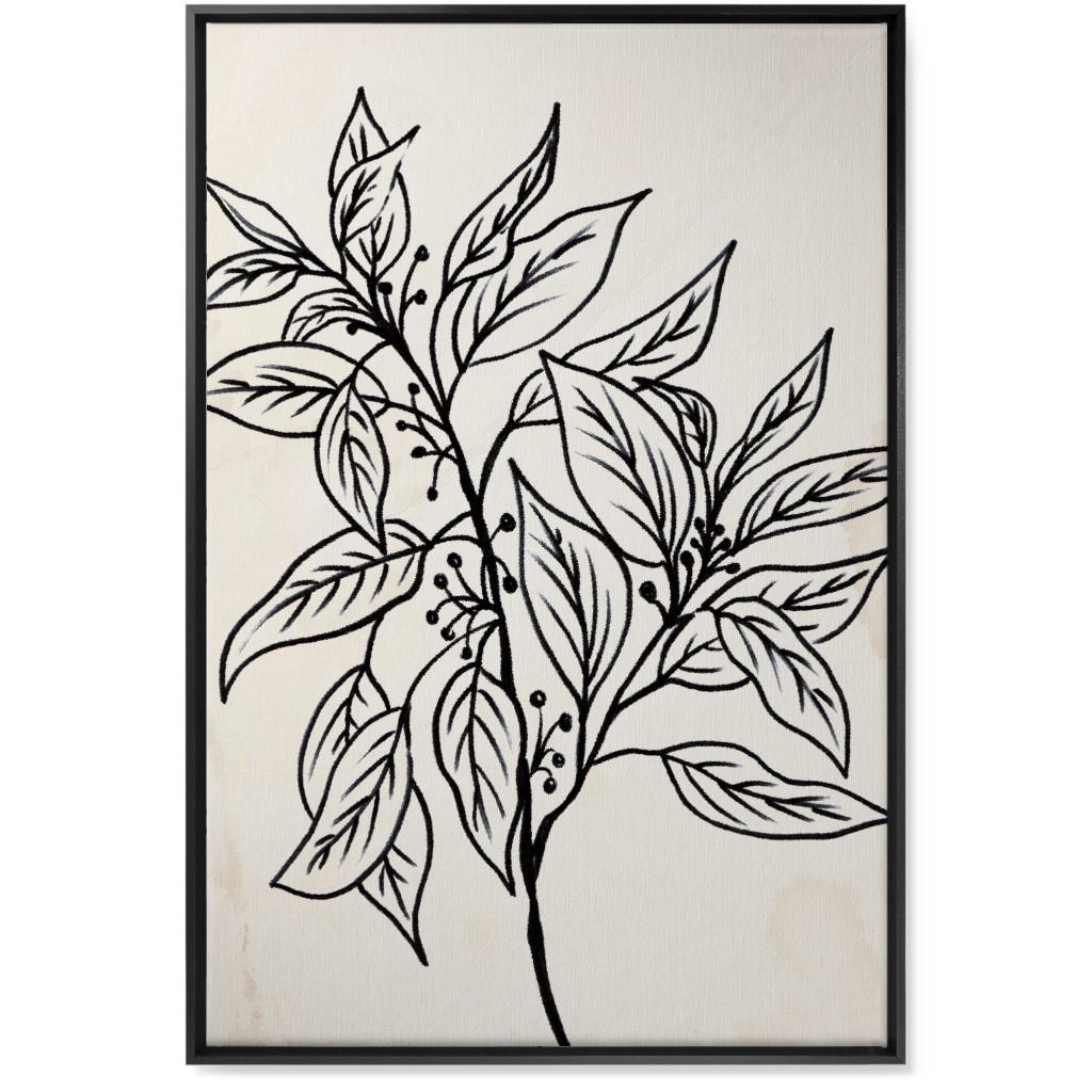 Vintage Branch With Leaves Sketch - Beige and Black Wall Art, Black, Single piece, Canvas, 24x36, Beige