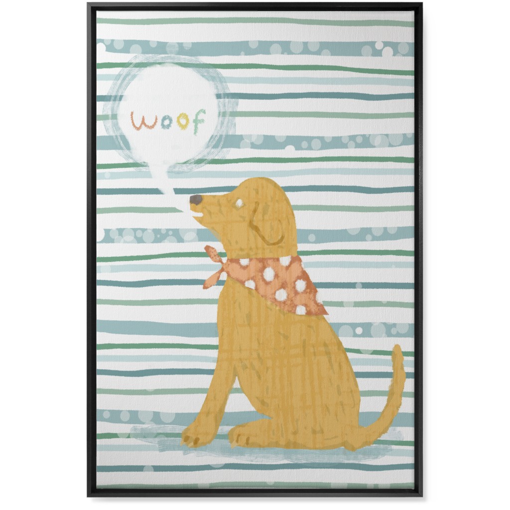 Woof, Dog - Yellow and Blue Wall Art, Black, Single piece, Canvas, 24x36, Blue, True Blue