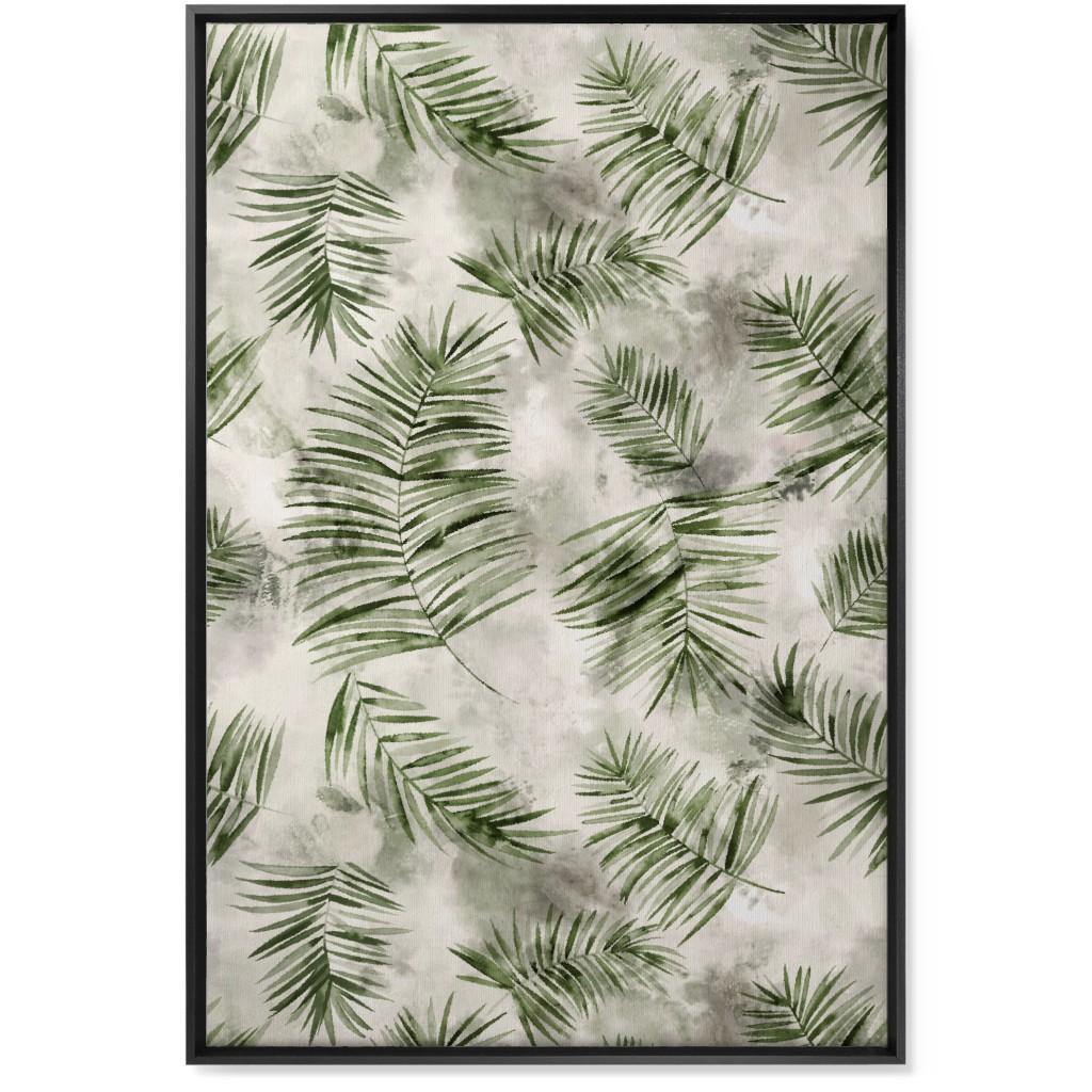 Watercolor Botanical Palms - Green on Beige Wall Art, Black, Single piece, Canvas, 24x36, Green, Classic Green