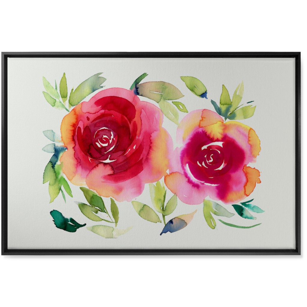 Watercolor Flowers - Pink on White Wall Art, Black, Single piece, Canvas, 24x36, Pink, Bright Pink