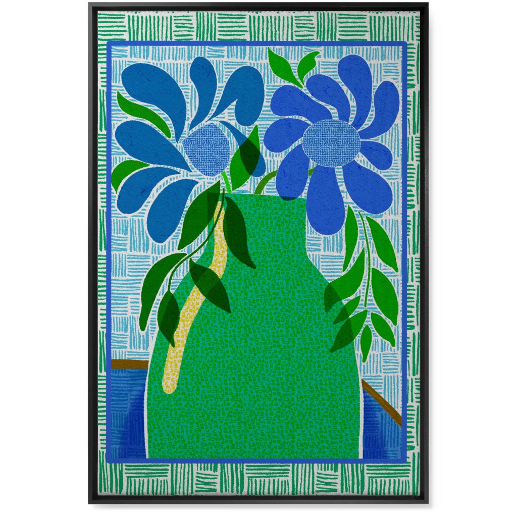 Florals in a Vase - Blue and Green Wall Art, Black, Single piece, Canvas, 24x36, Green, Classic Green