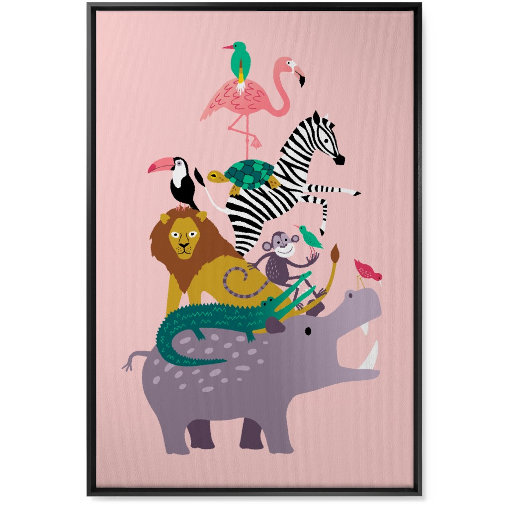 Wild Animal Tower - Pink Wall Art, Black, Single piece, Canvas, 24x36, Multicolor