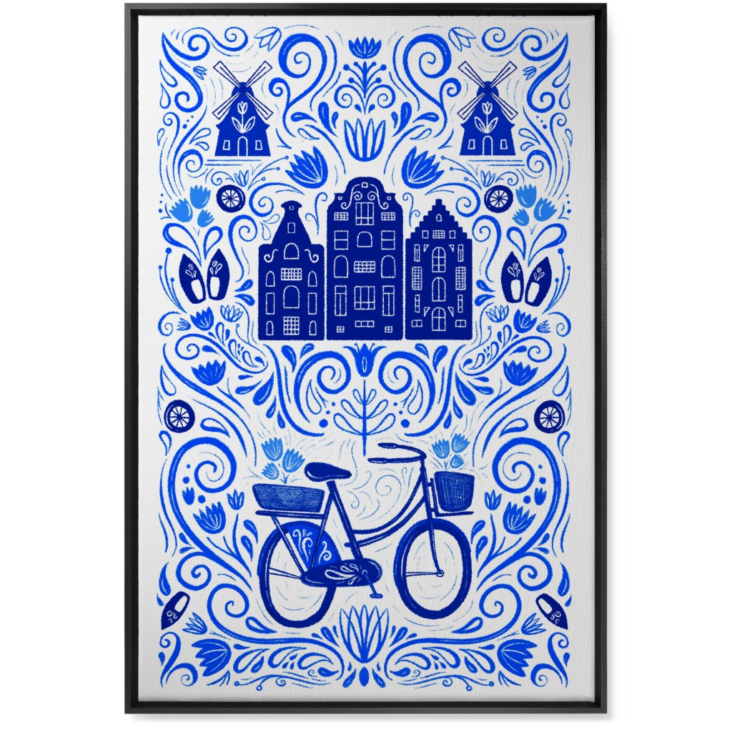 Dutch Bike Folk Art - Blue Wall Art, Black, Single piece, Canvas, 24x36, Blue
