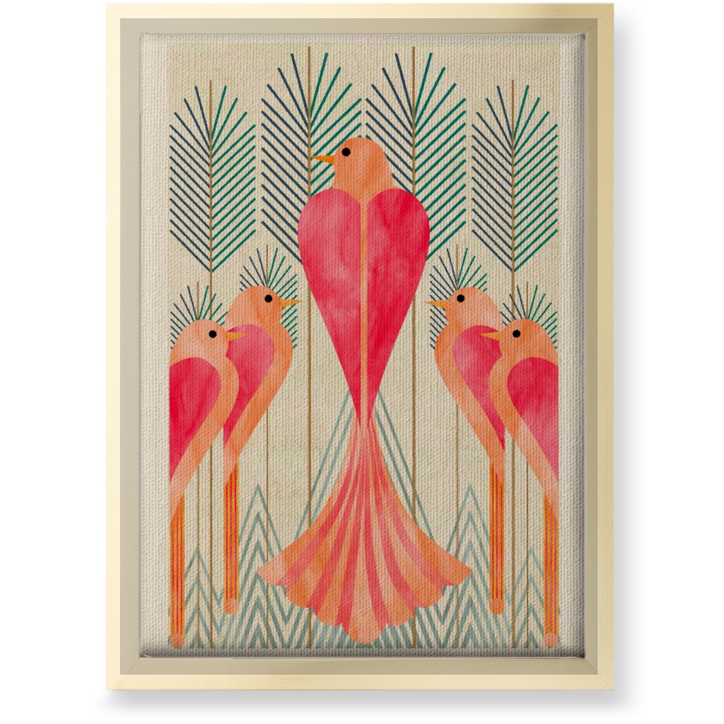Modern Love Birds in a Pine Forest Wall Art, Gold, Single piece, Canvas, 10x14, Pink, Bright Pink