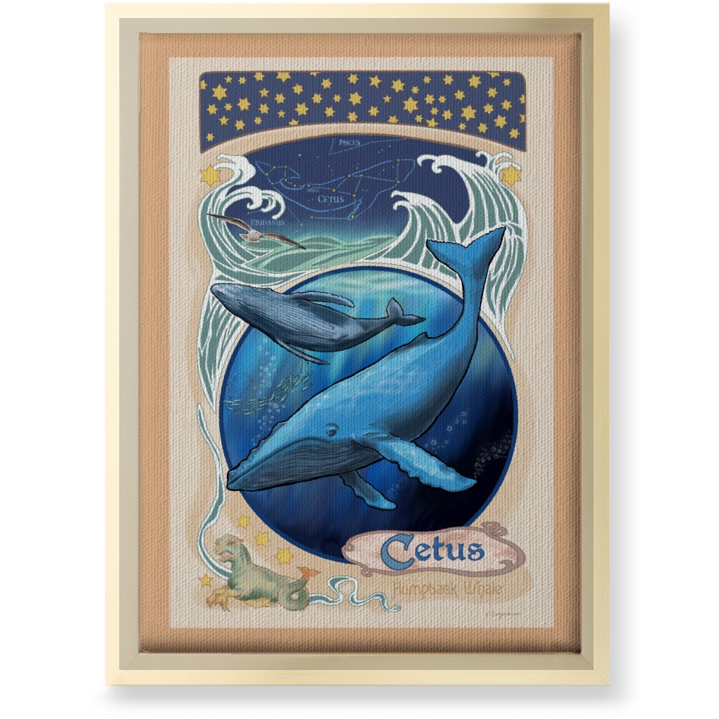 Art Nouveau Humpback Whale Wall Art, Gold, Single piece, Canvas, 10x14, Blue, True Blue