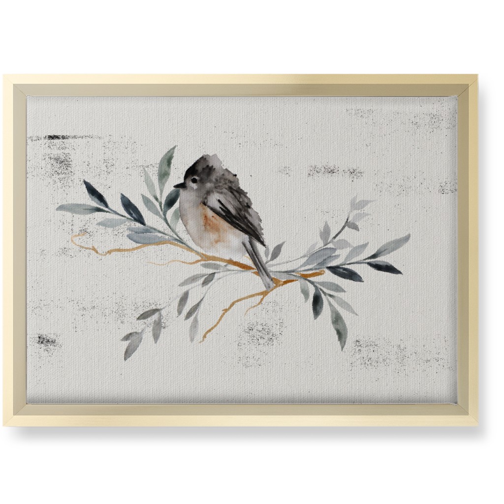 Winter Bird on Branch - Blue Wall Art, Gold, Single piece, Canvas, 10x14, Gray