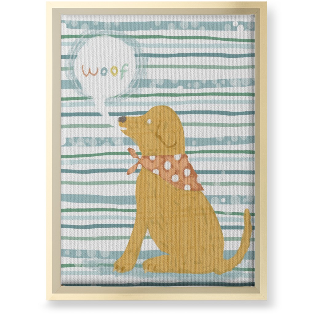 Woof, Dog - Yellow and Blue Wall Art, Gold, Single piece, Canvas, 10x14, Blue, True Blue