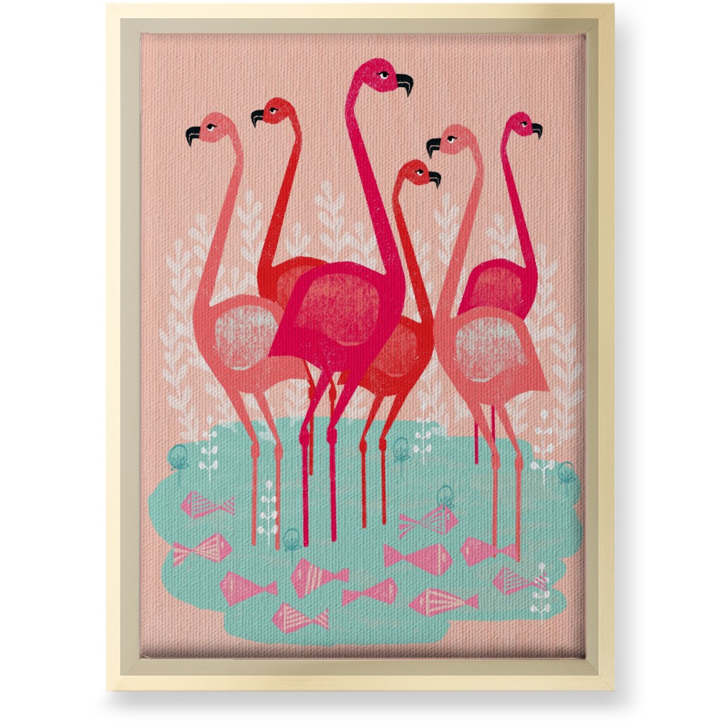 Flamingos & Fish - Pink Wall Art, Gold, Single piece, Canvas, 10x14, Pink, Bright Pink