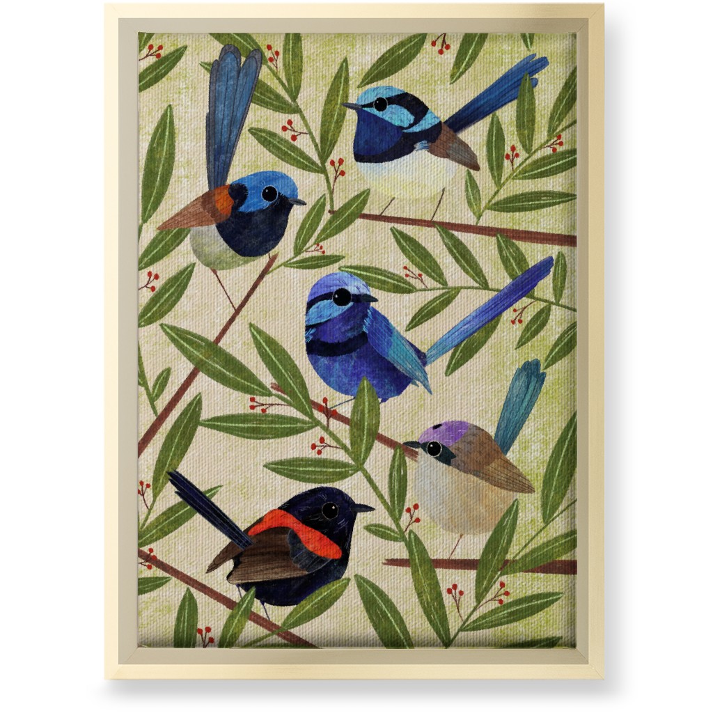 Fairy Wrens, Hand Painted Birds - Multi Wall Art, Gold, Single piece, Canvas, 10x14, Multicolor
