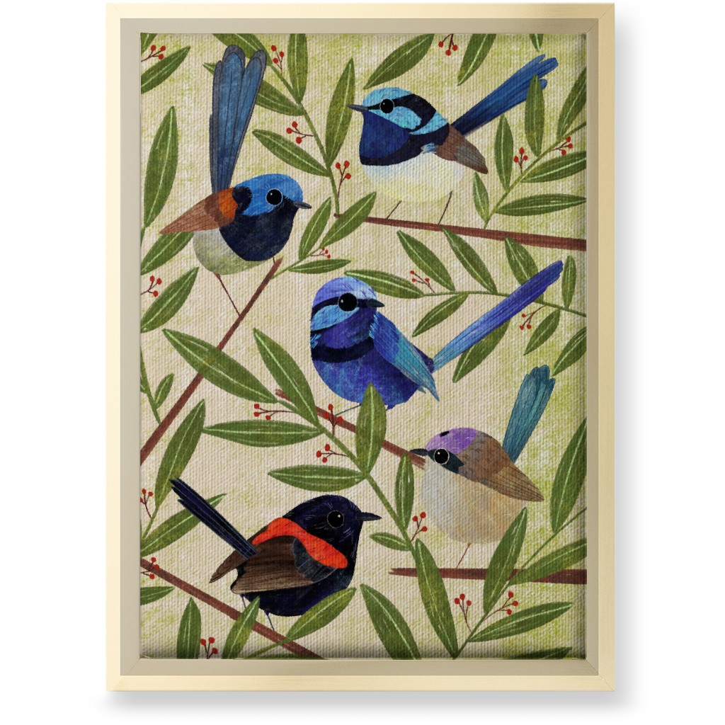 Fairy Wrens, Hand Painted Birds - Multi Wall Art, Gold, Single piece, Canvas, 10x14, Multicolor