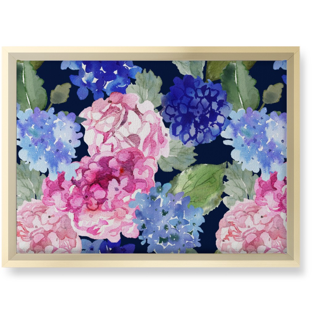 Spring Hydrangea Watercolor - Navy Wall Art, Gold, Single piece, Canvas, 10x14, Multicolor