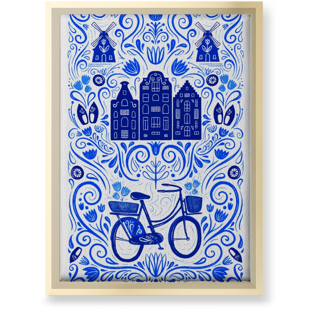 Dutch Bike Folk Art - Blue Wall Art, Gold, Single piece, Canvas, 10x14, Blue