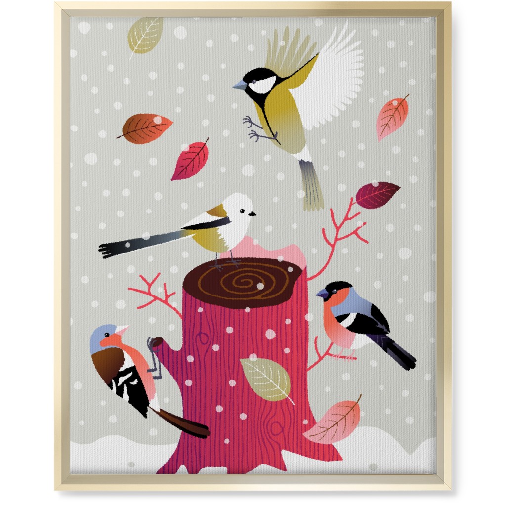 Winter Birds on Tree Stump - Red & Gray Wall Art, Gold, Single piece, Canvas, 16x20, Multicolor