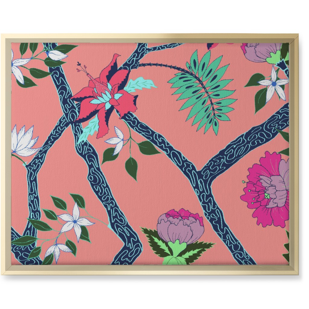 Peony Branches - Coral Wall Art, Gold, Single piece, Canvas, 16x20, Multicolor