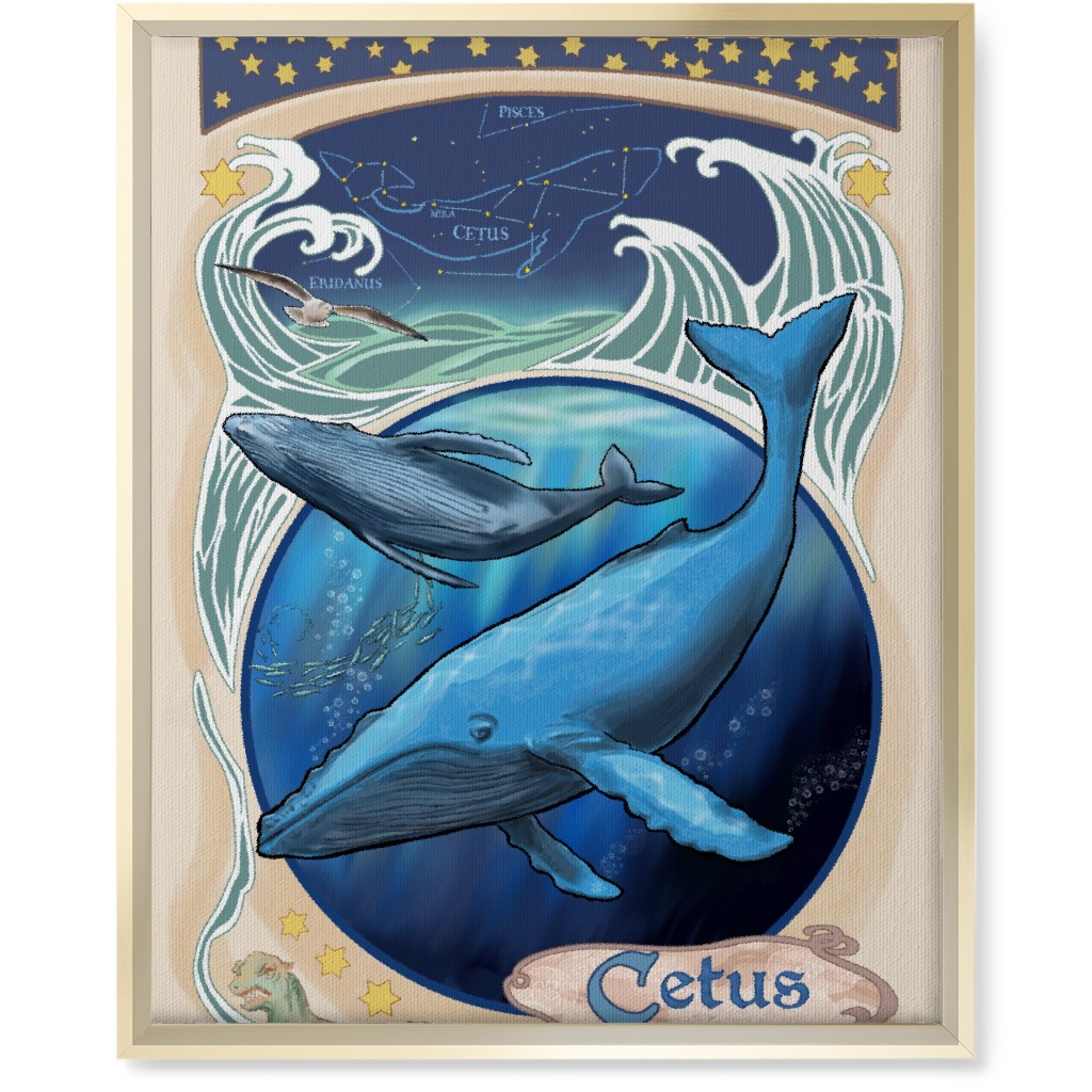 Art Nouveau Cetus the Humpback Whale Wall Art, Gold, Single piece, Canvas, 16x20, Blue, True Blue