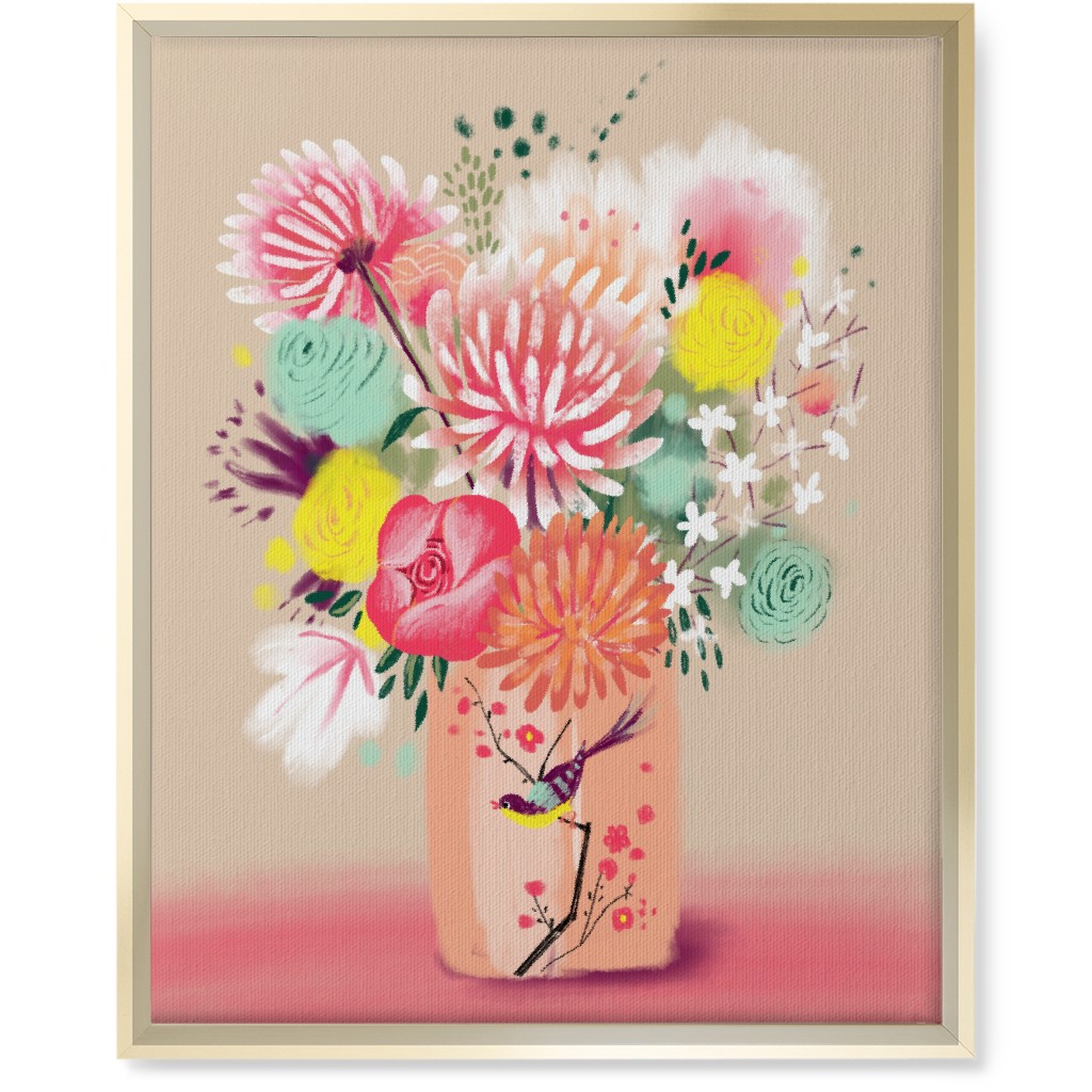 Bouquet in a Bird Vase Wall Art, Gold, Single piece, Canvas, 16x20, Pink, Bright Pink