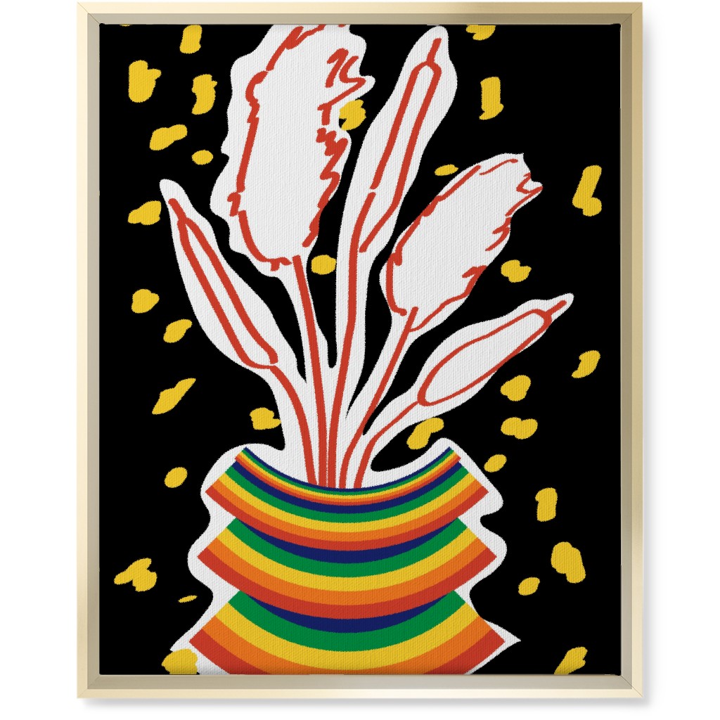 Retro Rainbow Abstract Floral in Vase - Multi on Black Wall Art, Gold, Single piece, Canvas, 16x20, Multicolor