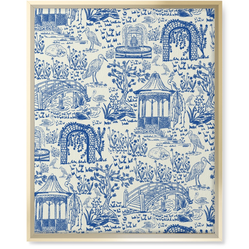 Garden Walk Toile De Jouy - Blue Wall Art, Gold, Single piece, Canvas, 16x20, Blue, True Blue