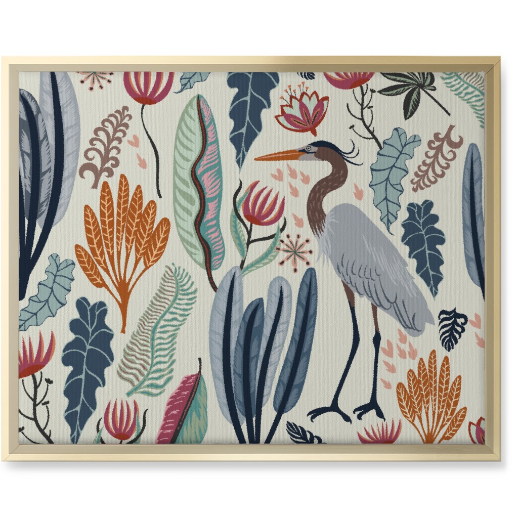 Heron and Plants - Multi on Cream Wall Art, Gold, Single piece, Canvas, 16x20, Multicolor
