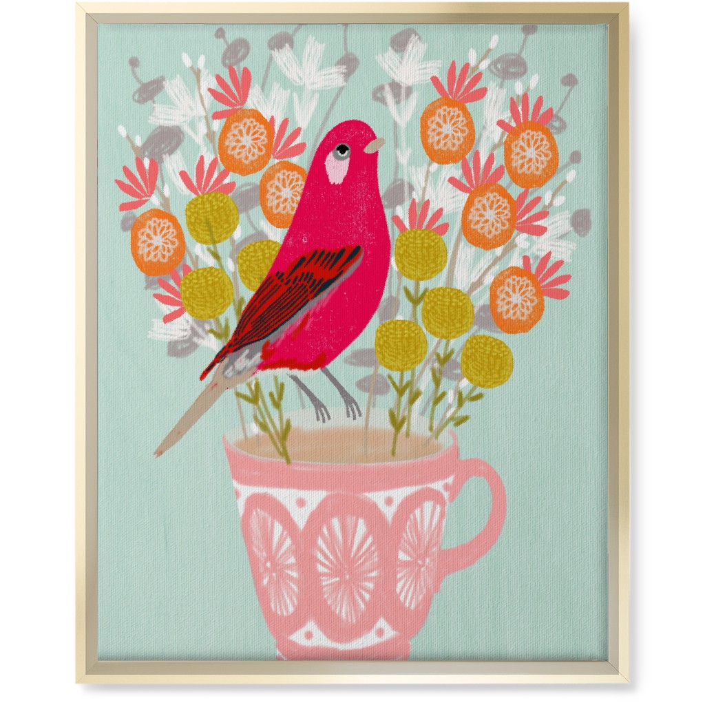 Red Bird on Teacup Bouquet Wall Art, Gold, Single piece, Canvas, 16x20, Multicolor