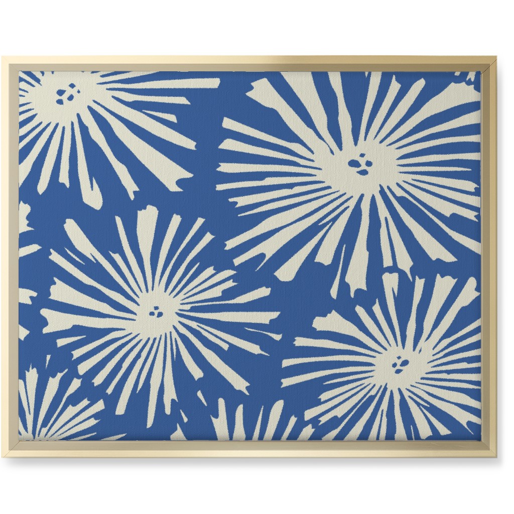 Cactus Blooms - Cream on Blue Wall Art, Gold, Single piece, Canvas, 16x20, Blue, True Blue