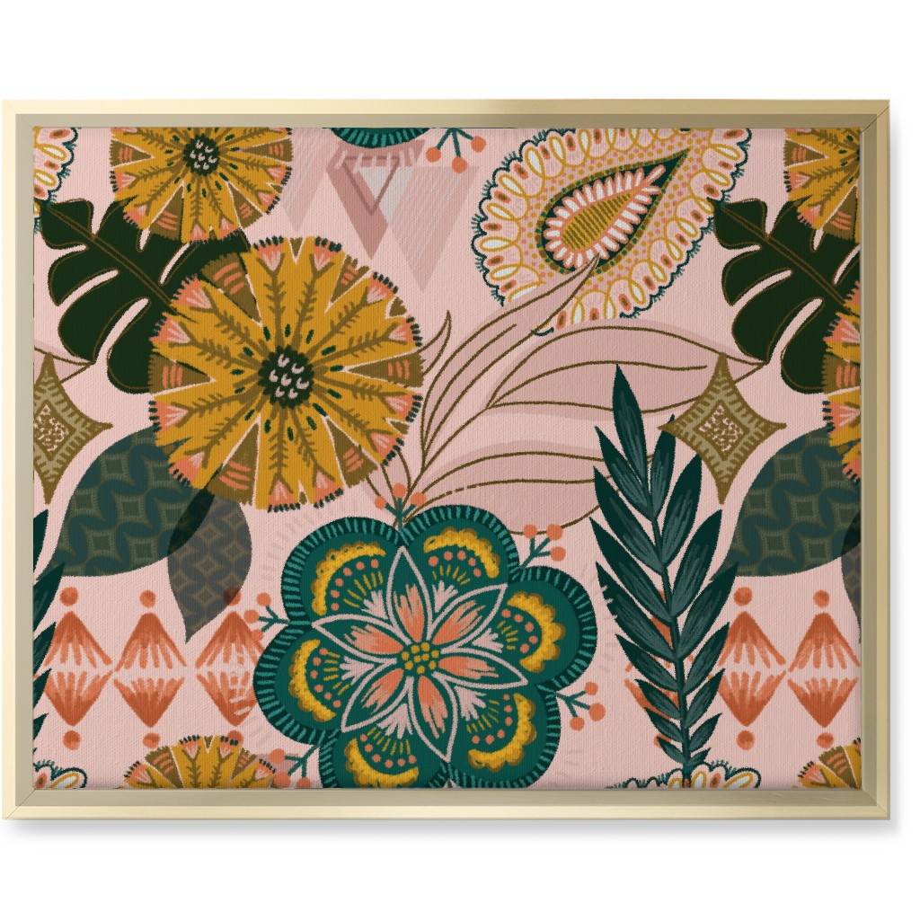 Boho Tropical - Floral - Pink Wall Art, Gold, Single piece, Canvas, 16x20, Multicolor