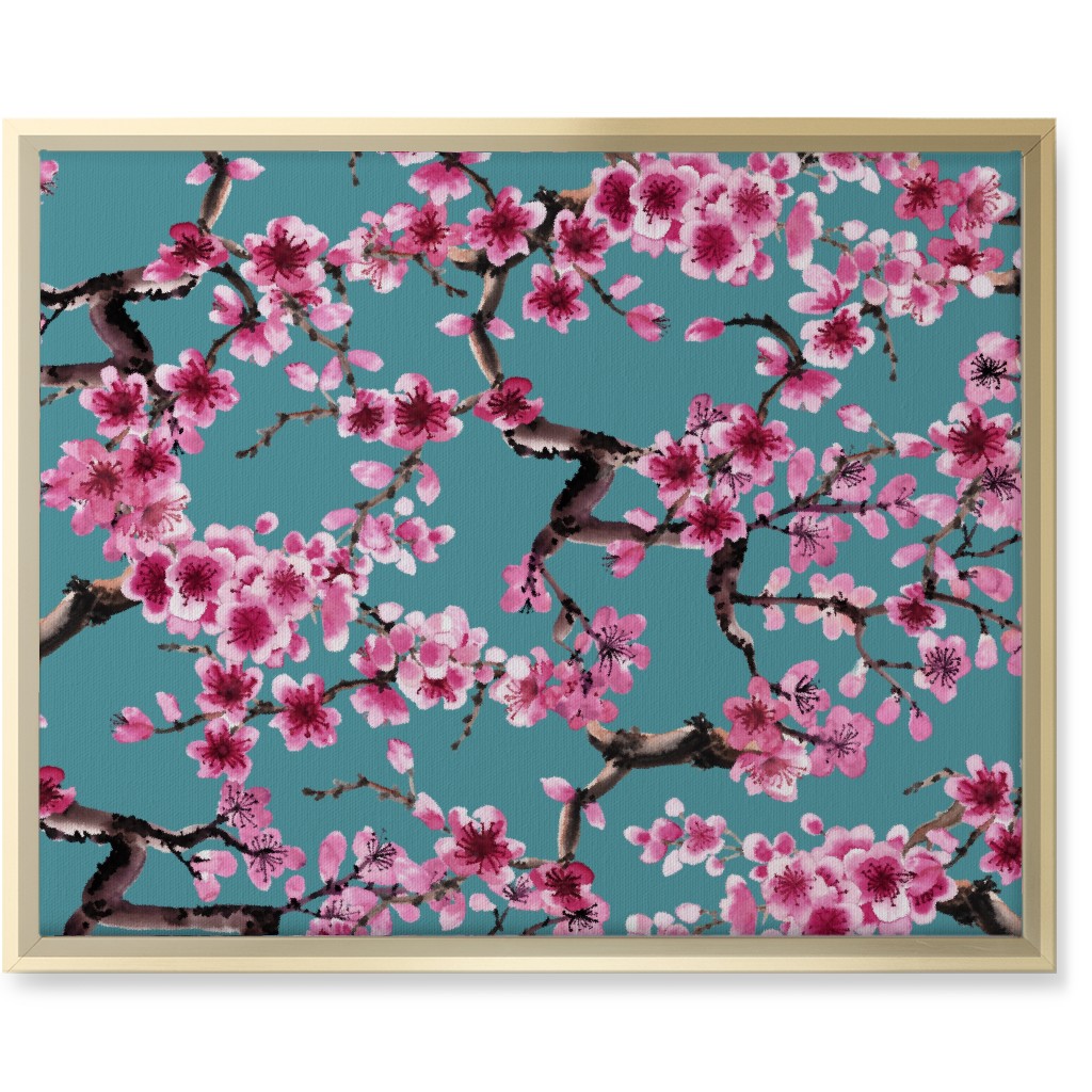 Sakura - Pink on Turquoise Wall Art, Gold, Single piece, Canvas, 16x20, Blue, True Blue
