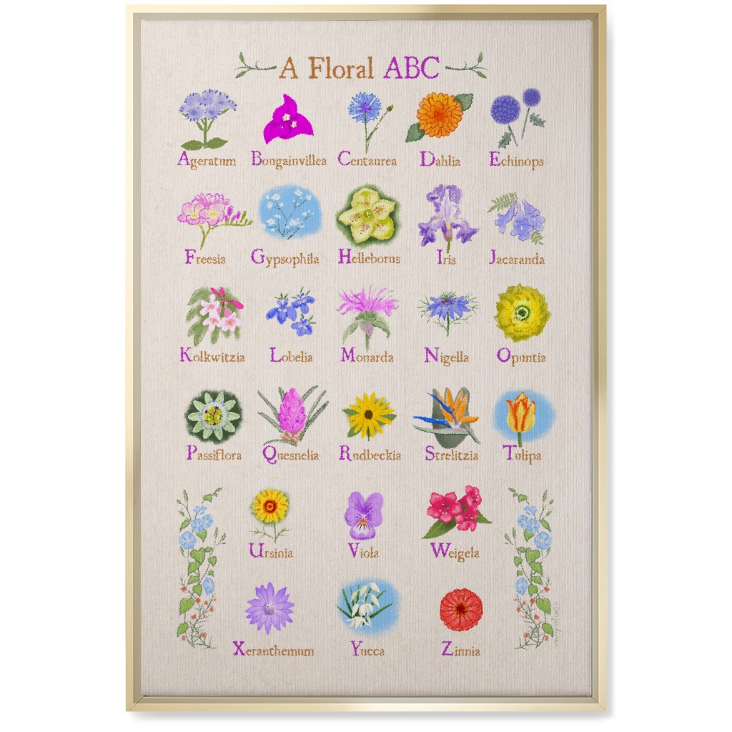 Floral Abcs - Multi on Pink Wall Art, Gold, Single piece, Canvas, 20x30, Multicolor