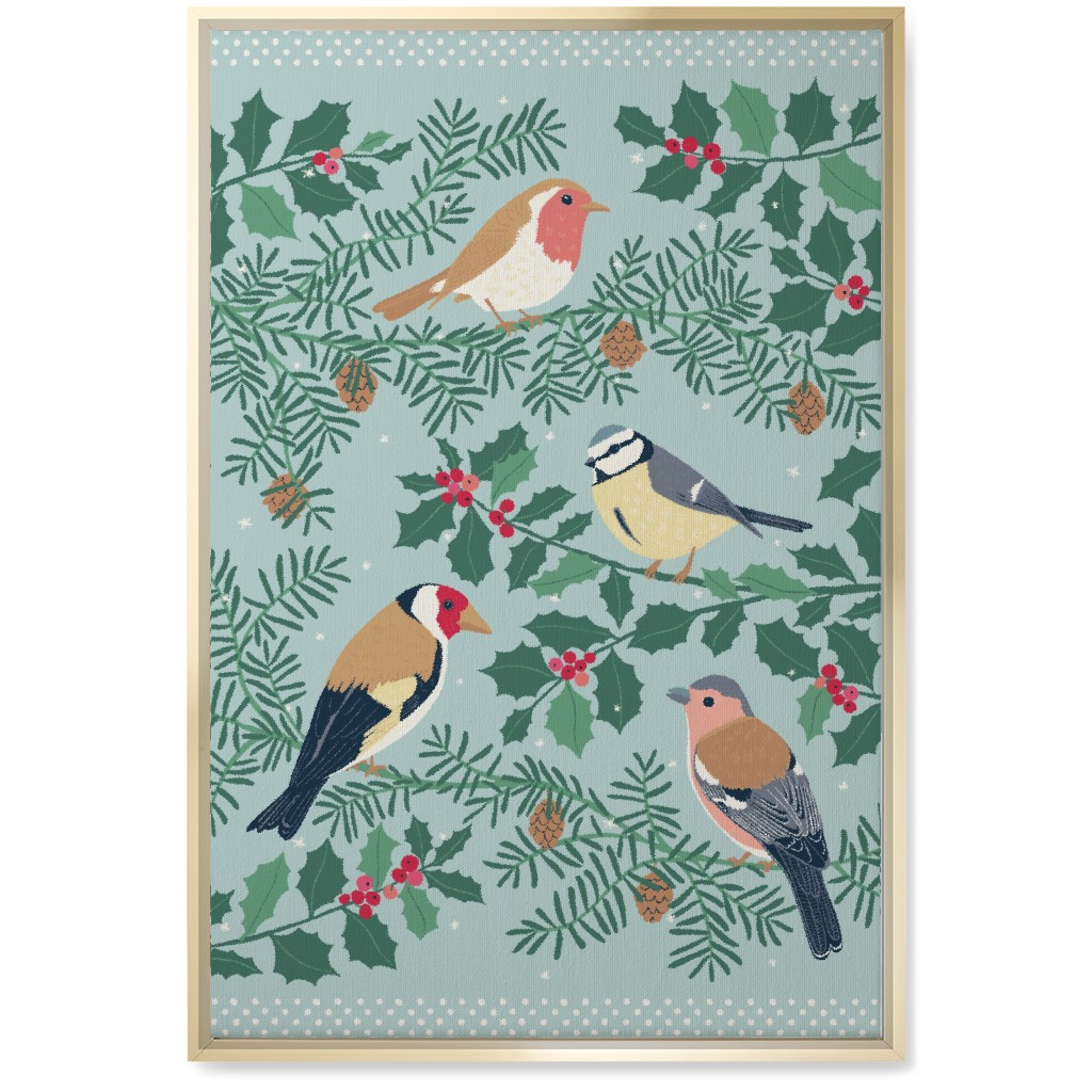 Robin & Friends, Winter Garden Birds - Blue Wall Art, Gold, Single piece, Canvas, 20x30, Blue, True Blue