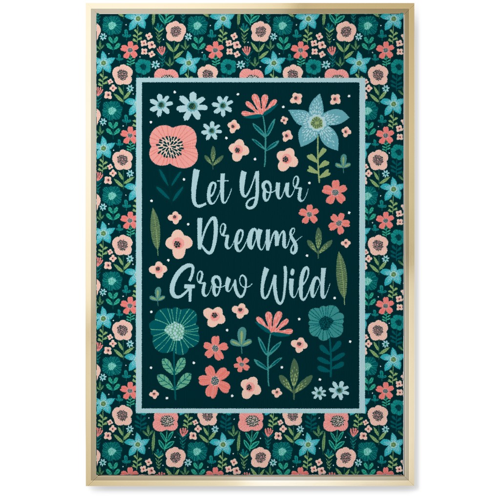 Let Your Dreams Grow Wild - Florals in Coral, Aqua & Turquoise on Navy Wall Art, Gold, Single piece, Canvas, 20x30, Blue