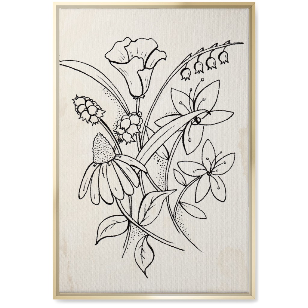 Vintage Wildflower Sketch - Beige and Black Wall Art, Gold, Single piece, Canvas, 20x30, Beige, Pearl