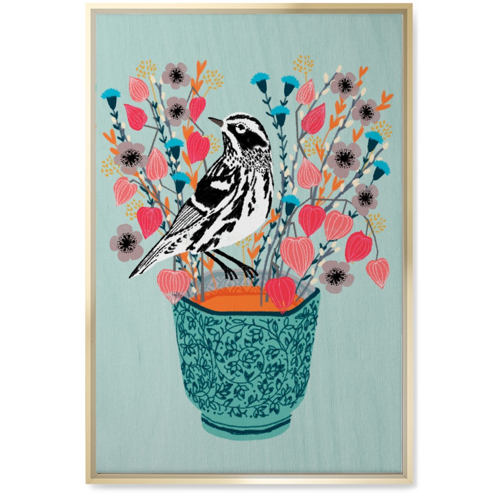 Warbler Bird - Black & White on Blue Flower Pot Wall Art, Gold, Single piece, Canvas, 20x30, Multicolor