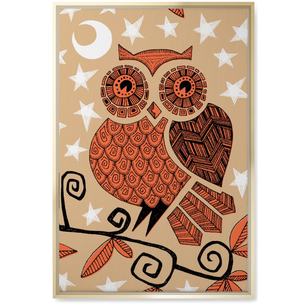 Owl Under the Moon - Orange & Brown Wall Art, Gold, Single piece, Canvas, 20x30, Orange, Orange