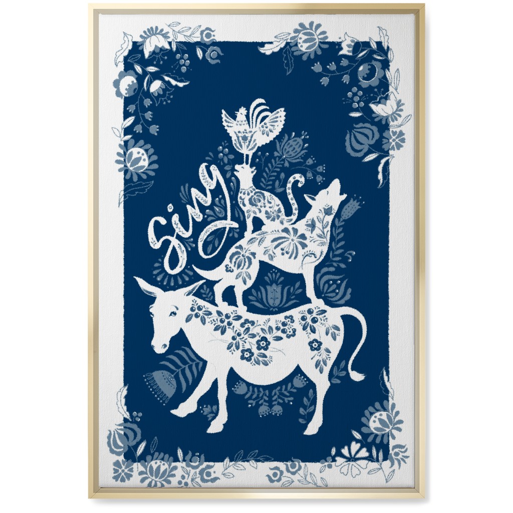 Musicians of Bremen Folkart - Blue Wall Art, Gold, Single piece, Canvas, 20x30, Blue, True Blue