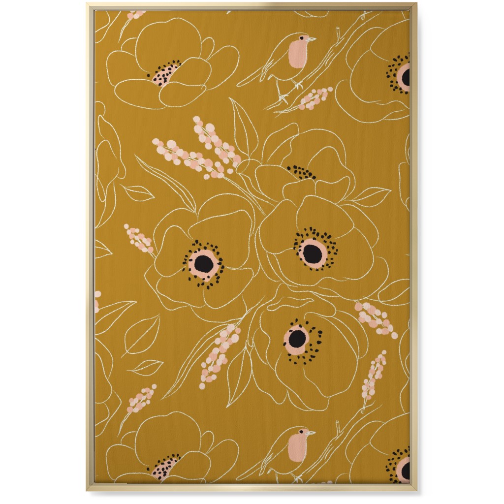 Freehand Robin & Winter Blooms - Gold Wall Art, Gold, Single piece, Canvas, 24x36, Yellow, Classic Yellow