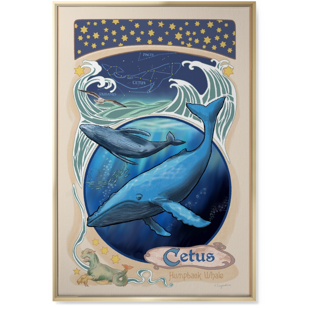 Art Nouveau Cetus the Humpback Whale Wall Art, Gold, Single piece, Canvas, 24x36, Blue, True Blue